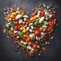 heart shaped group of fall winter porcini and veggies collage, healthy vegetarian cook soup mix