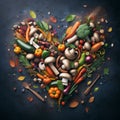 heart shaped group of fall winter porcini and veggies collage, healthy vegetarian cook soup mix