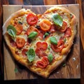 Heart-shaped homemade pizza with fresh basil and sliced tomatoes on a wooden board