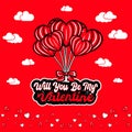 heart-shaped hot air balloon carrying a cool will you be my valentine vector illustration