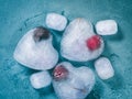 Heart shaped ice cubes with frozen cherry Royalty Free Stock Photo