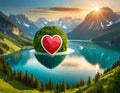 Heart shaped island on the lake in the mountains at sunset. AI Generated Royalty Free Stock Photo