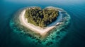 Heart shaped island with palm trees and beach. Generative AI Royalty Free Stock Photo