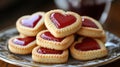 Heart-shaped jam cookies, kitchen setting, tea, dessert Royalty Free Stock Photo
