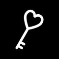 Heart shaped key solid icon. Old key with heart vector illustration isolated on black. Love key glyph style design Royalty Free Stock Photo