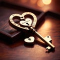 Heart shaped key, symbolizing unlocking of love and romance to celebrate Valentine\'s Day