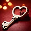 Heart shaped key, symbolizing unlocking of love and romance to celebrate Valentine\'s Day