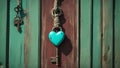 heart key A turquoise heart shaped lock hangs from a green wooden door with a metal hook, creating a romantic and rustic look Royalty Free Stock Photo