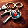 Heart shaped keychain with keys, symbolizing unlocking of love and romance to celebrate Valentine\'s Day