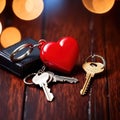 Heart shaped keychain with keys, symbolizing unlocking of love and romance to celebrate Valentine\'s Day