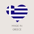 Heart shaped label with Greek flag. Made in Greece Sticker. Factory, manufacturing and production country concept. Vector stock