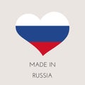 Heart shaped label with Russian flag. Made in Russia Sticker. Factory, manufacturing and production country concept. Vector stock