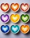 Heart Shaped Latte Art with Vibrant Rainbow Colored Coffee Drinks Collection Royalty Free Stock Photo