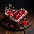 The heart-shaped cake is decorated with fresh berries, chocolate and flowers. Cake with fresh strawberries Royalty Free Stock Photo