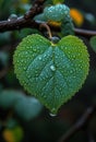 Heart-shaped leaf is covered with raindrops. Green leaf with the words i love you sunday Royalty Free Stock Photo