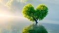 Heart-shaped leafy tree reflected on calm water in a serene landscape Royalty Free Stock Photo