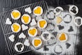 Heart shaped linzer cookies on a wire rack