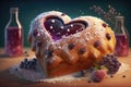 heart-shaped loaf of bread, dotted with ripe berry juices and sprinkled with sugar