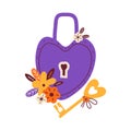 Heart shaped lock with golden key. Love symbol padlock for 14 february, Valentines day, wedding. Hand drawn vector Royalty Free Stock Photo