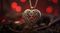 A heart shaped locket with red lights on a tree, AI Royalty Free Stock Photo