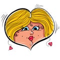 Heart shaped loving girl face, cute woman, vector illustration.