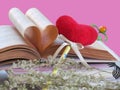 Heart shaped made of old book pages with bookmark red heart and dried flowers isolated on pink background. Concept love and Royalty Free Stock Photo