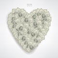 Heart shaped of money with many dollar banknotes. Vector