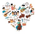 Heart-shaped musical pattern and children musicians with musical instruments