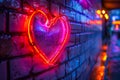 A heart shaped neon sign on a brick wall Royalty Free Stock Photo