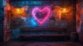 A heart-shaped neon sign casts a romantic glow in a rustic urban space, creating an atmospheric and intimate setting