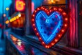 A heart shaped neon sign hanging on a window Royalty Free Stock Photo