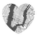 Heart shaped New York city vector map. Black and white colors. Roads, streets, rivers Royalty Free Stock Photo