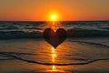 Heart-shaped Object Floating in Ocean at Sunset, A sunset view from a beach, the sun setting in a heart-shaped silhouette, AI
