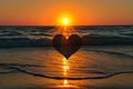 Heart-shaped Object Floating in Ocean at Sunset, A sunset view from a beach, the sun setting in a heart-shaped silhouette, AI Royalty Free Stock Photo