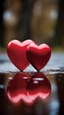 Heart-shaped object placed on a reflective surface, capturing both the heart itself and its mirrored counterpart. The