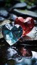 Heart-shaped object placed on a reflective surface, capturing both the heart itself and its mirrored counterpart. The