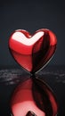 Heart-shaped object placed on a reflective surface, capturing both the heart itself and its mirrored counterpart. The