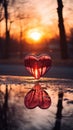 Heart-shaped object placed on a reflective surface, capturing both the heart itself and its mirrored counterpart. The