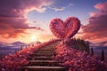 A heart shaped object sitting on top of a stairway to heaven. Pink sky