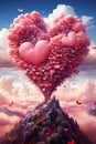 A heart shaped object sitting on top of a stairway to heaven. Pink sky