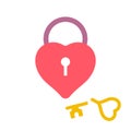 Heart-shaped padlock with broken key. Flat style vector illustration isolated on white