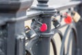 Heart-shaped padlock hanging on a bridge. Royalty Free Stock Photo