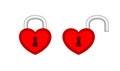 Heart shaped padlock red in locked and unlocked isolated on white, red padlock heart for love romantic feeling, heart shape Royalty Free Stock Photo