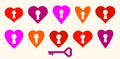Heart shaped padlocks vector logos or icons set, locks and turnkeys love theme in a shape of hearts open or closed emotions, Royalty Free Stock Photo