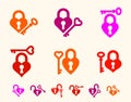 Heart shaped padlocks vector logos or icons set, locks and turnkeys love theme in a shape of hearts open or closed emotions, Royalty Free Stock Photo