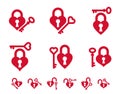 Heart shaped padlocks vector logos or icons set, locks and turnkeys love theme in a shape of hearts open or closed emotions, Royalty Free Stock Photo