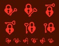 Heart shaped padlocks vector logos or icons set, locks and turnkeys love theme in a shape of hearts open or closed emotions, Royalty Free Stock Photo