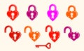 Heart shaped padlocks vector logos or icons set, locks and turnkeys love theme in a shape of hearts open or closed emotions, Royalty Free Stock Photo