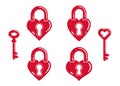 Heart shaped padlocks vector logos or icons set, locks and turnkeys love theme in a shape of hearts open or closed emotions, Royalty Free Stock Photo