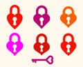 Heart shaped padlocks vector logos or icons set, locks and turnkeys love theme in a shape of hearts open or closed emotions,